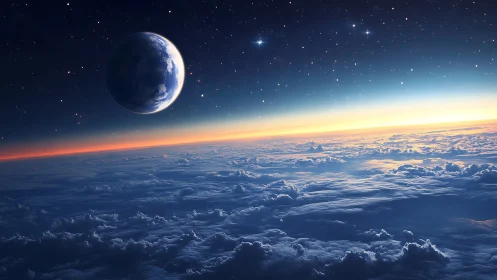 Quiet blue planet watching sunrise over cloud seas in space.