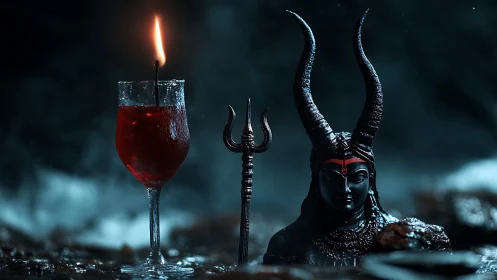 Low-key ritual still life with trident idol and flaming chalice