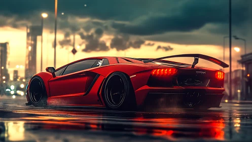 Red sports coupe is positioned on wet urban roadway at dusk