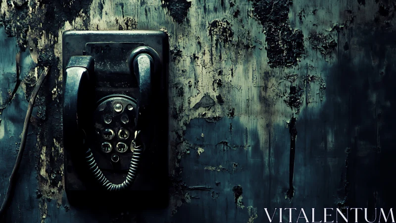 Decaying wall phone under moody teal low-key lighting.
