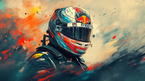 Motorsport driver in helmet stands amid dynamic color streaks