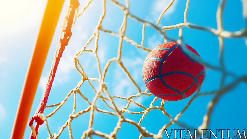 Basketball captured mid-drop through outdoor hoop net under daylight