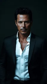 Intense suited man stands in dramatic cinematic lighting