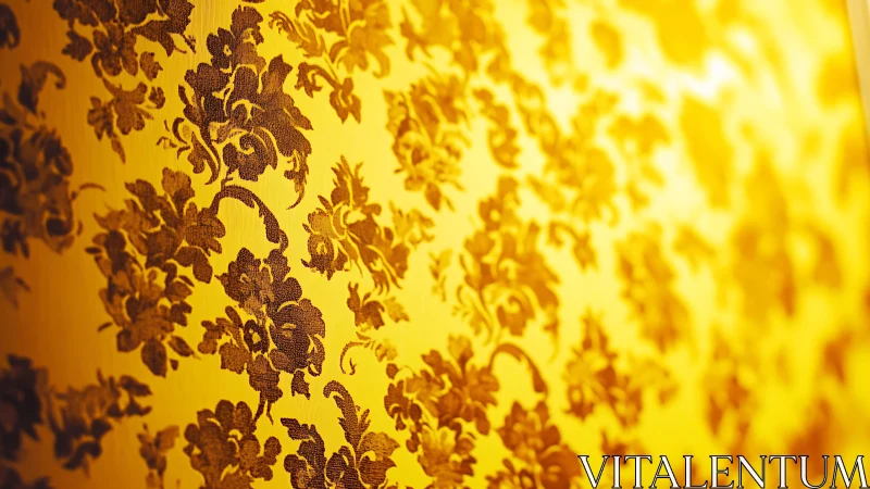 Golden floral wallpaper glowing with cozy vintage charm.