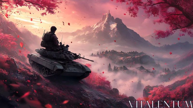 Crimson valley welcomes a lone tank at sunrise&rsquo;s quiet edge