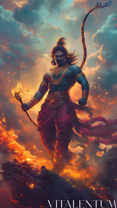 Divine warrior stride through blazing battlefield clouds.