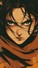 Portrait shows stylized close-up of hooded figure’s intense gaze