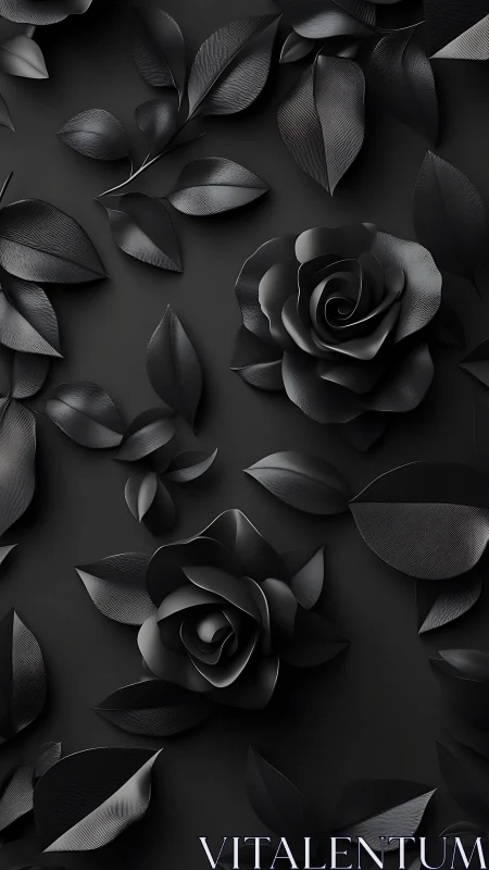 Black Roses with Layered Leaves in Monochromatic 3D Design.