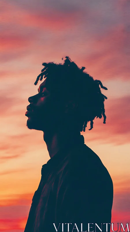 Silhouetted profile gazes into a radiant sunset sky.