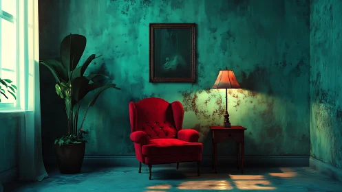Crimson reading chair glows in a teal-drenched dream room.