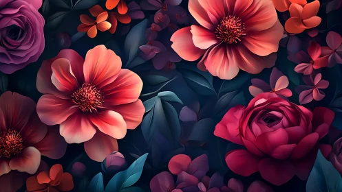 Hyperrealistic Floral Composition with Crimson Blooms and Teal Foliage.