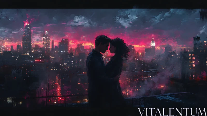Two Souls Kiss Against Crimson Metropolis Burning