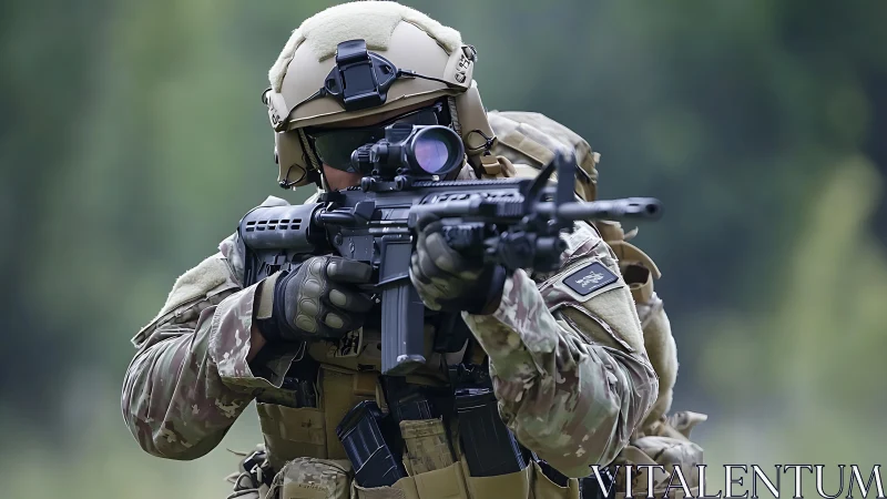 Focused soldier steadies a rifle in calm outdoor training