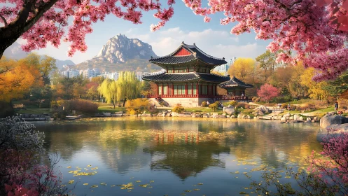 Spring pavilion by a calm lake under soft mountain light.
