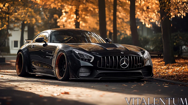 Black Mercedes sports car gleams under golden autumn light.