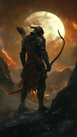 Armored archer silhouette before full moon in burning valley.