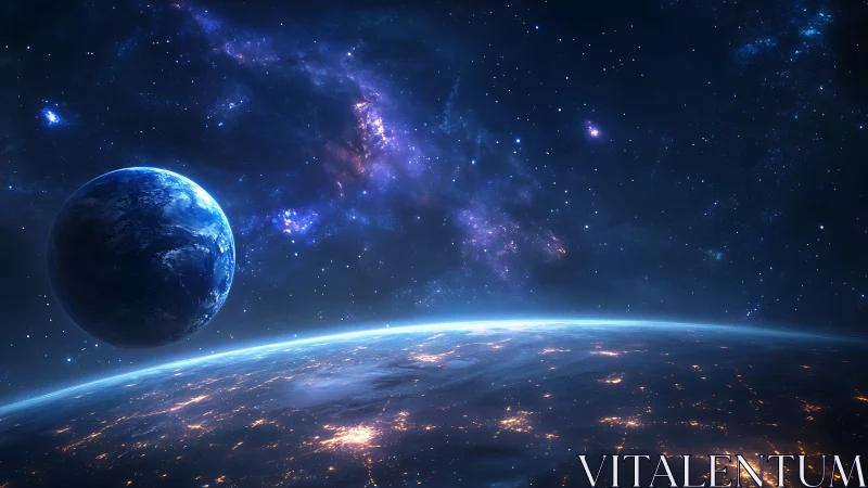 High-orbit planetary vista with illuminated nightside city grid