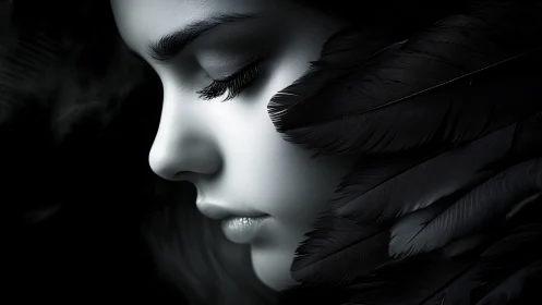 Profile of female face with dark feather textures in shadow.