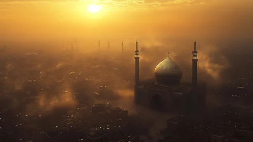 Golden sunset illuminates domed mosque above hazy city
