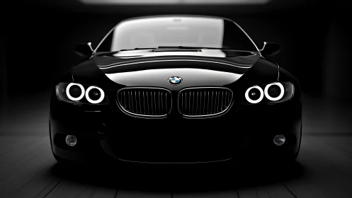 Sleek black BMW coupe front view with glowing halo lights.