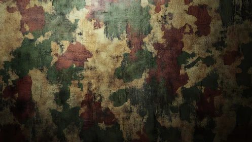 Weathered camouflage wall glows in moody, mottled light.
