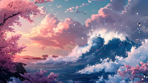 Ocean wave with cherry blossoms under pastel clouds.