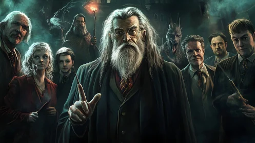 Elderly wizard leading tense coven in misty fortress hall.