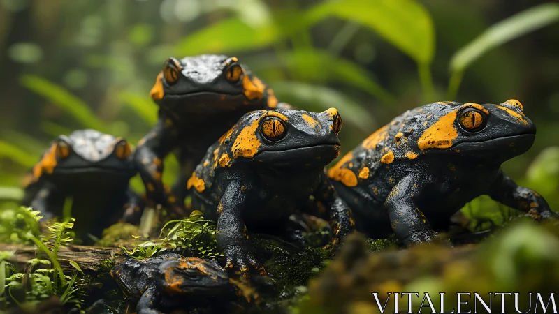 Curious orange-spotted frogs gathered on lush forest floor.