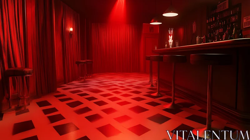 Monochromatic red cocktail bar interior with geometric floor