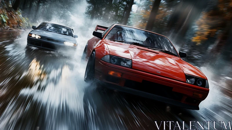 Two sports cars driving on wet forest road in motion blur.