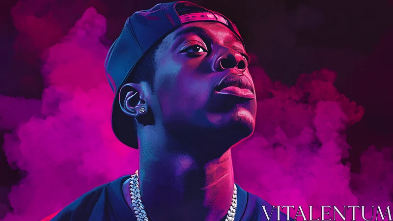 Neon-lit rap monarch rising through electric magenta haze.