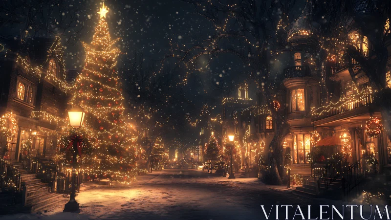 Digital painting of Victorian street with illuminated Christmas tree.
