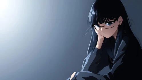 Brooding girl in glasses guards her silence in cool dusk light.