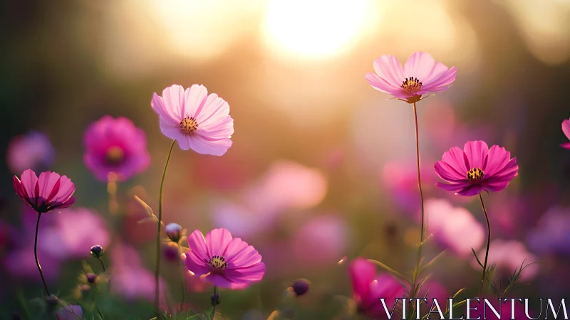 Cosmos Petals Dance in Golden Twilight Glow.