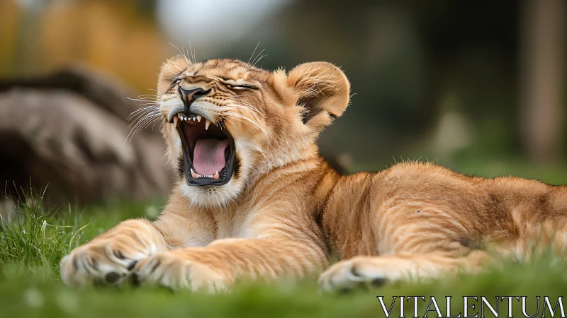 Sleepy lion cub unleashes a mighty meadowside yawn.