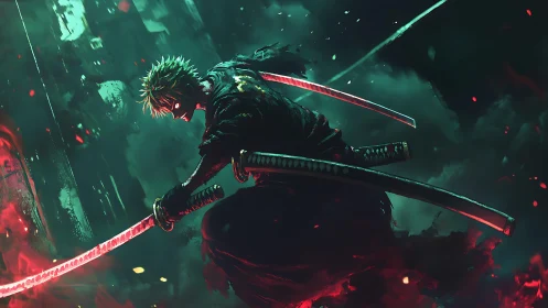 Stormlit rogue swordsman carving neon rifts in nightfall.