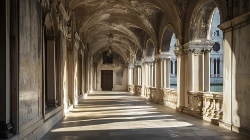 Photorealistic vaulted arcade with linear light progression.