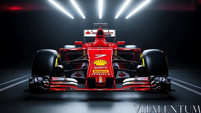 Front-lit red F1 race car in dramatic studio environment.