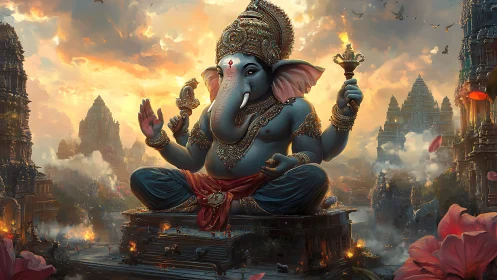 Elephant-headed deity statue sits amid ornate temple complex