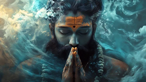 Mystic yogi in swirling teal clouds of meditative light.