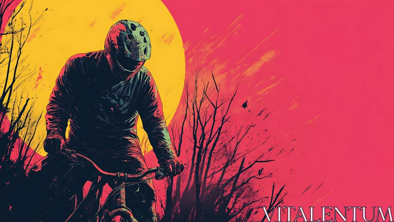 Mountain biker silhouette before large sun and barren trees.