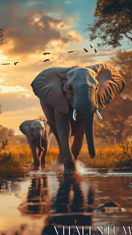 Golden riverwalk crowns an elephant matriarch’s gentle march