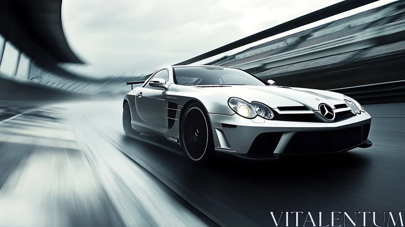 Silver Mercedes supercar slices wet racetrack at speed.