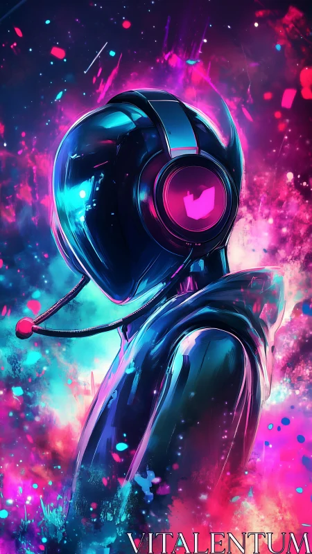 Neon cyber DJ avatar rendered in luminous vaporwave hues