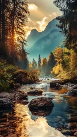 Mountain stream flows through forested valley at sunset