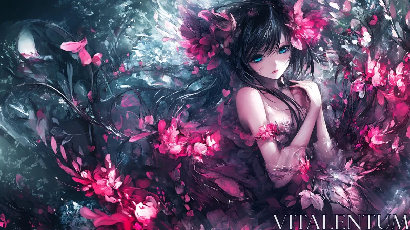 Midnight blossom girl resting in a storm of pink petals.