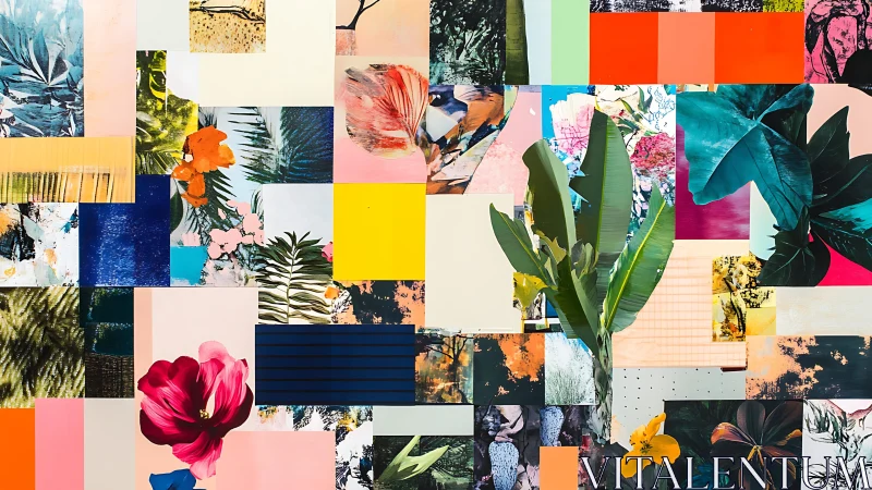 Layered botanical collage builds chromatic grid with mixed media