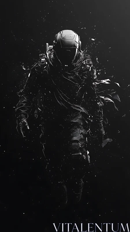 Shattered void trooper emerging from dark cosmic dust.