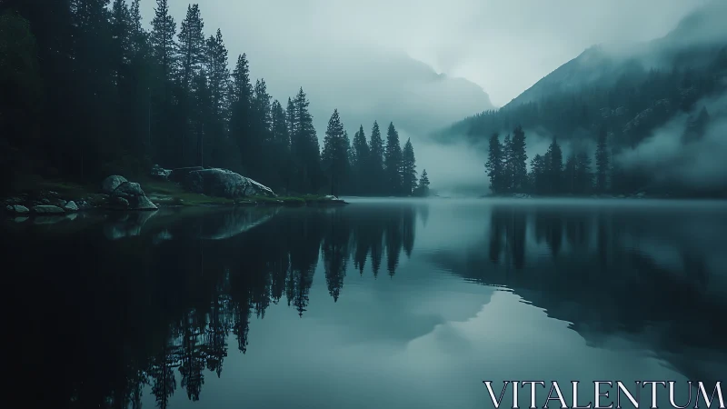 Mist-shrouded alpine lake reflects dense conifer forest.