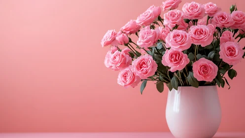 Pink roses in white ceramic vase against monochromatic background.